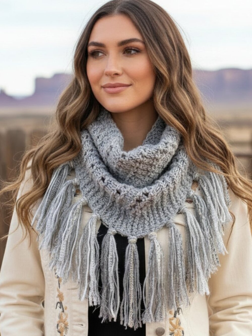 NEW Hand Knitted Gray Silver Metallic Boho Cowl Scarf Fringe Glam Cottage Whimsy